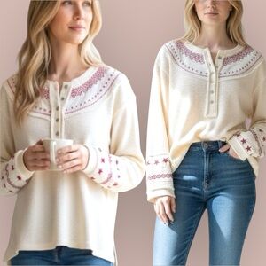 POL Cream:Blush Red Star Henley Patchwork Waffle Oversize small/medium Top NWT